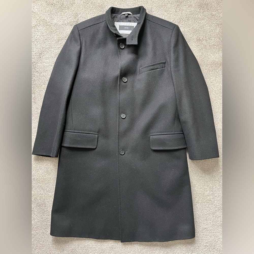 Mens Hugo Boss Premium Wool Pea Coat Top Coat Size 44R The Sintrax Black - Picture 9 of 15